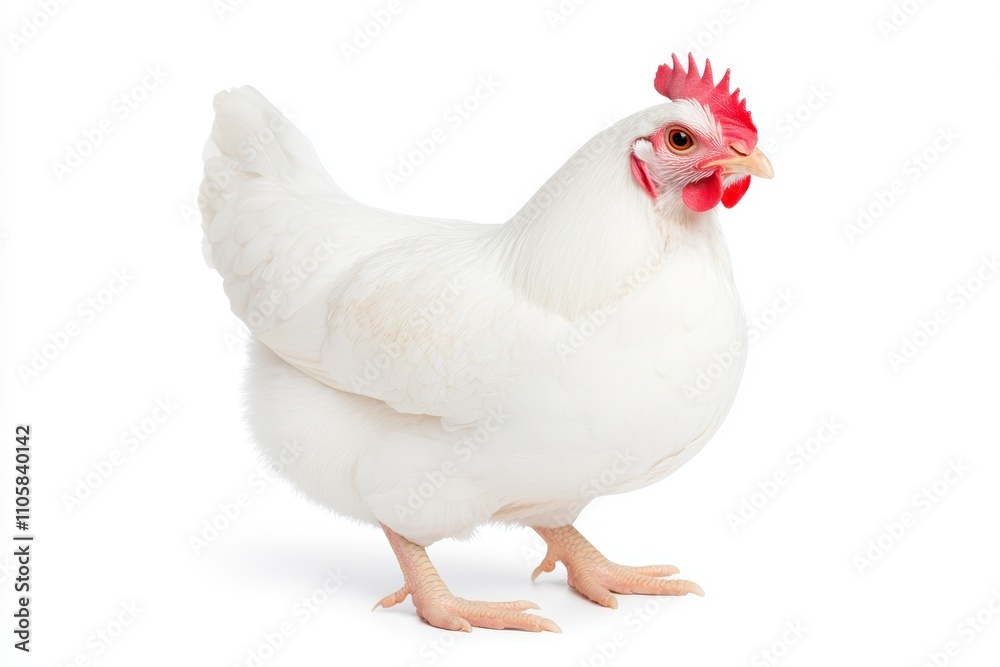 Fototapeta premium A white chicken with a red comb and a red beak stands on a white background