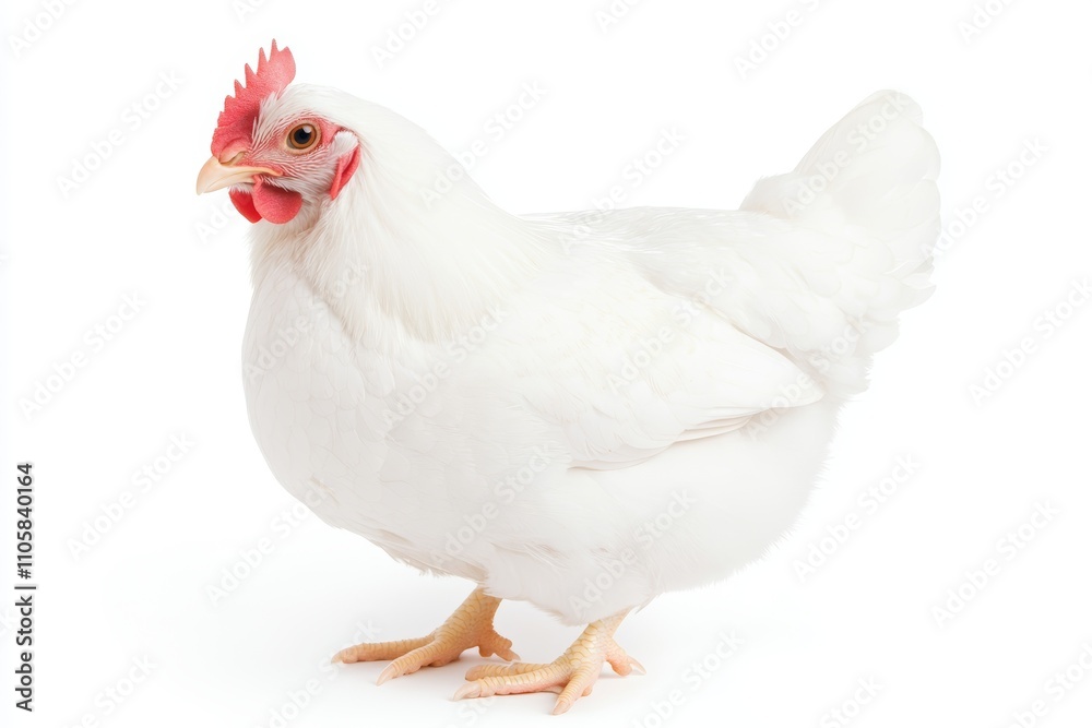 A white chicken stands on a white background