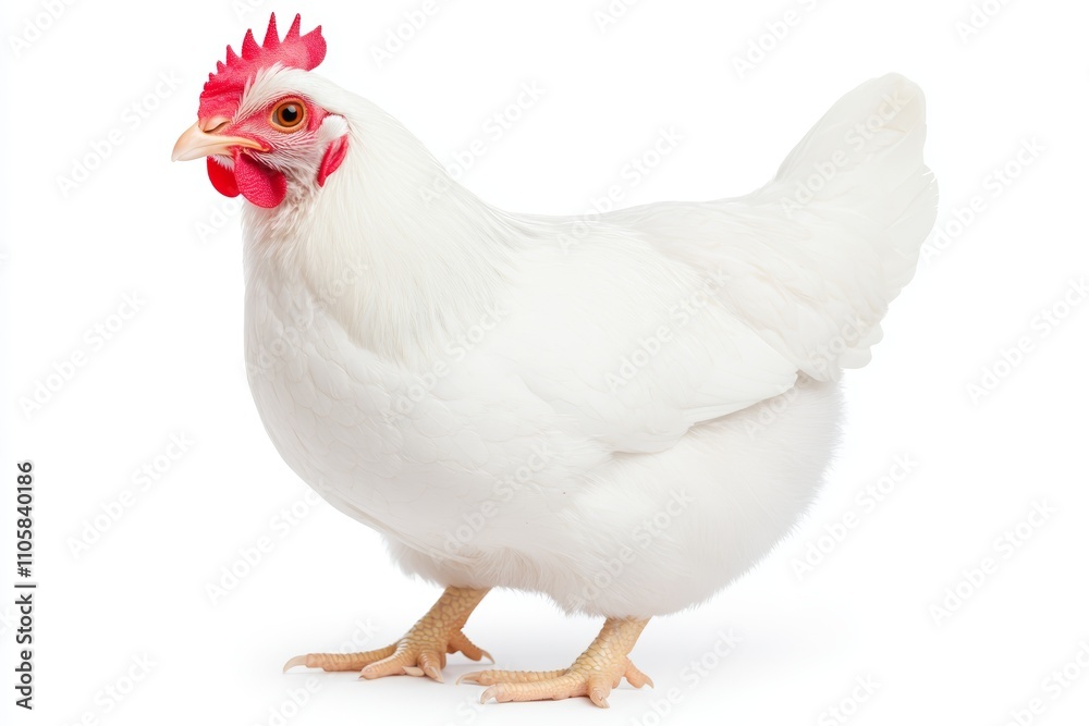 Fototapeta premium A white chicken with red comb and feet