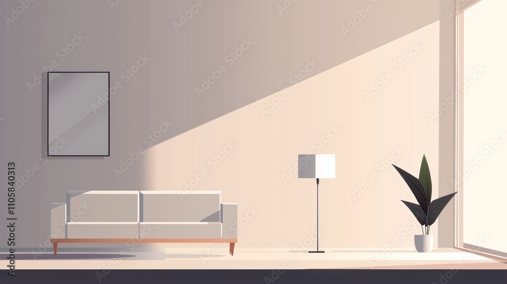 A minimalist interior featuring a sofa, lamp, and plant, with soft lighting creating a serene atmosphere. A minimalist interior featuring a sofa, lamp, and plant, with soft lighting creating a serene atmosphere.