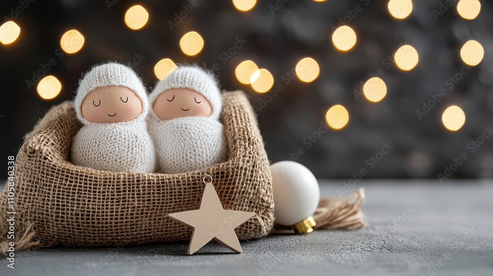 Obraz premium Cozy Christmas Nativity Scene Knitted Baby Dolls in Burlap Crib with Star