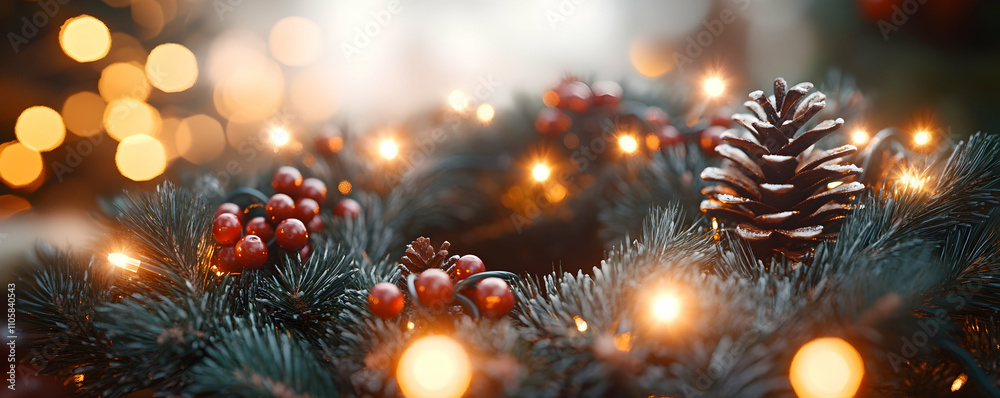 Festive Christmas wreath with pine cones, berries, and warm lights. (1)