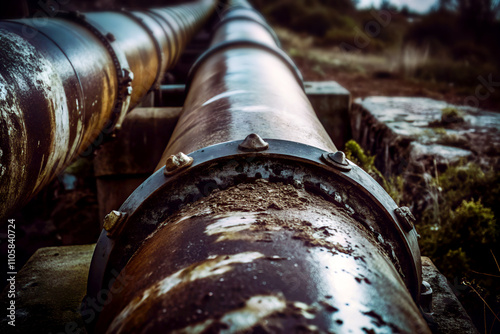 Close-up of a rusted metal pipeline in an outdoor setting