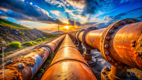 Industrial pipeline with rust in a construction trench