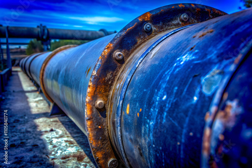 Close-up of a weathered pipeline in an industrial trench setting
