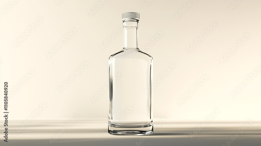 A minimalist glass bottle stands elegantly against a deep white background, emphasizing simplicity and transparency. Perfect lighting highlights its reflective surface, creating a modern A minimalist glass bottle stands elegantly against a deep white background, emphasizing simplicity and transparency. Perfect lighting highlights its reflective surface, creating a modern