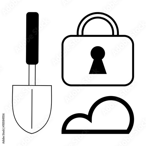 Trowel for gardening, padlock for security, and cloud for connectivity and storage. Ideal for cybersecurity, gardening, cloud computing, data protection, digital access, online storage privacy