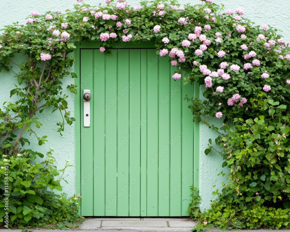 A charming green door surrounded by blooming pink flowers and lush greenery, enhancing the inviting atmosphere of a quaint entrance.