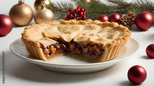 "A plate of traditional holiday pie, isolated on a white background."