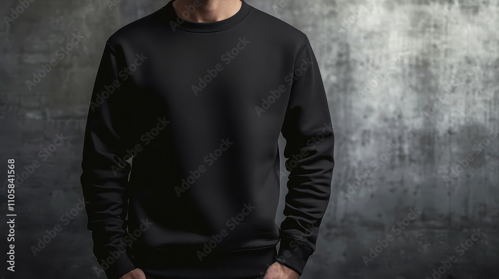Man in a plain black sweatshirt standing against a textured gray background, showcasing casual fashion and simplicity. Man in a plain black sweatshirt standing against a textured gray background, showcasing casual fashion and simplicity.