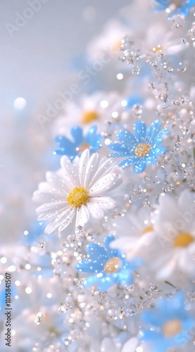 Beautiful close-up delicate blue white flowers sparkling soft light.