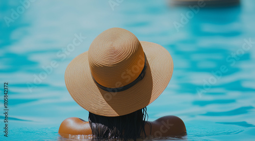 Femme portant un chapeau en paille flottant dans une piscine aux eaux bleues claires, vue de dos photo