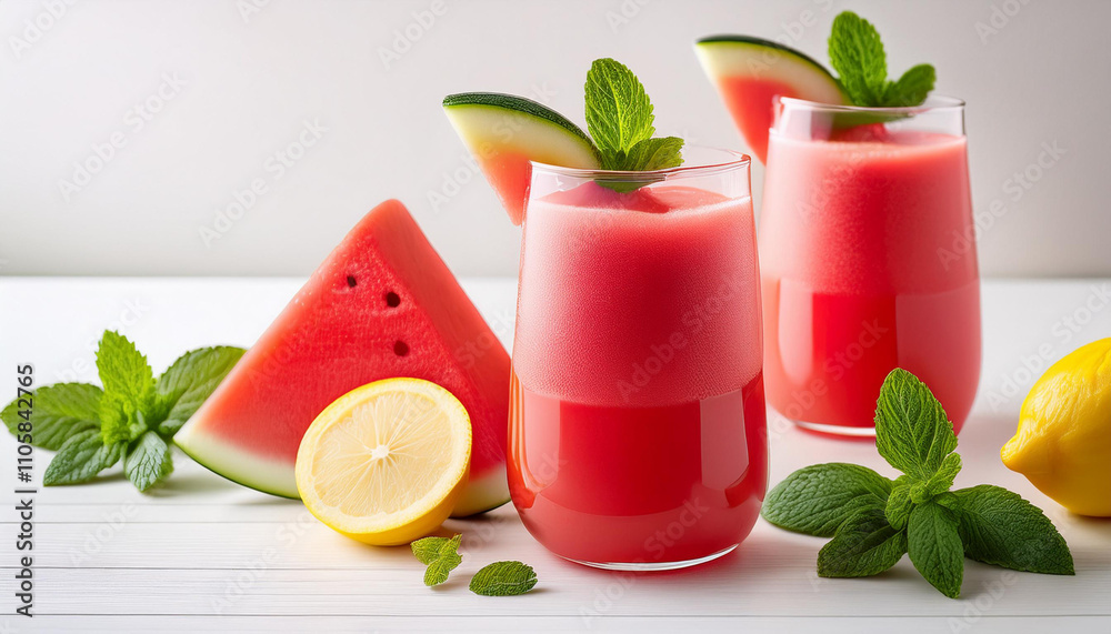 Watermelon smoothie and freshly squeezed juice with mint and lemon Watermelon smoothie and freshly squeezed juice with mint and lemon