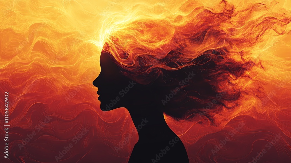Silhouette with fiery waves across head, abstract representation of thought, bold warm colors Silhouette with fiery waves across head, abstract representation of thought, bold warm colors