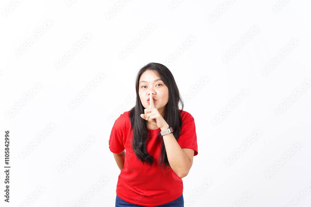 Shh Be Quiet Of Beautiful Asian Woman wearing red shirt Isolated On White Background Shh Be Quiet Of Beautiful Asian Woman wearing red shirt Isolated On White Background