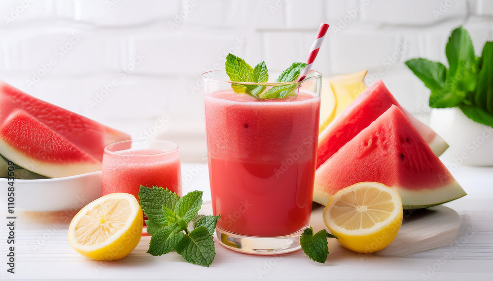 Watermelon smoothie and freshly squeezed juice with mint and lemon Watermelon smoothie and freshly squeezed juice with mint and lemon