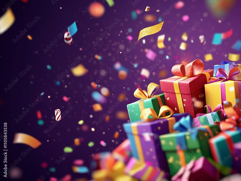 A Colorful Celebration of Gifts and Confetti: A Festive Gift Pile A Colorful Celebration of Gifts and Confetti: A Festive Gift Pile