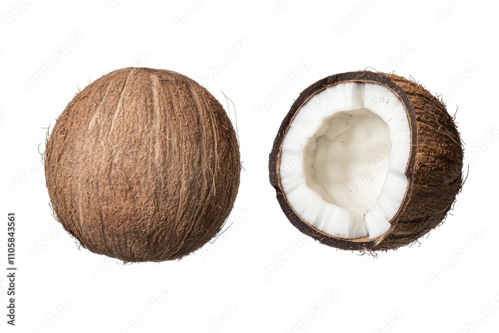Two coconuts, one whole and one cut in half Two coconuts, one whole and one cut in half