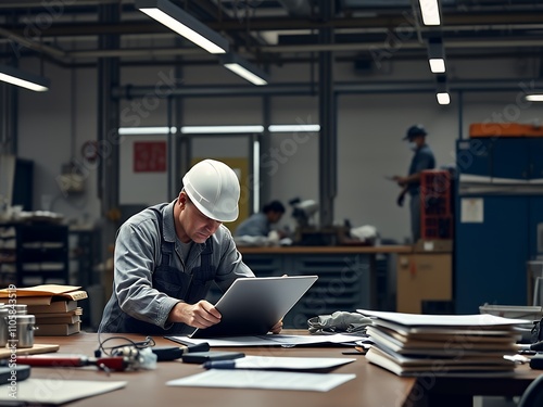  man in a hard hat working on a laptop.