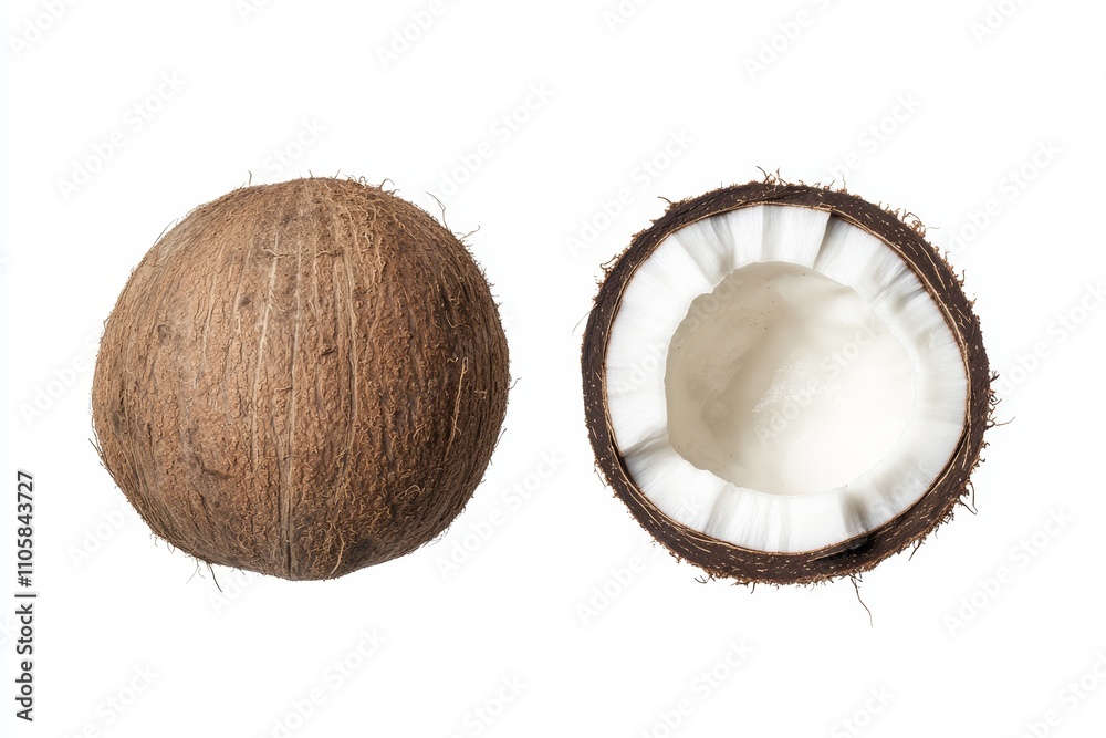 Two coconuts, one whole and one cut in half Two coconuts, one whole and one cut in half