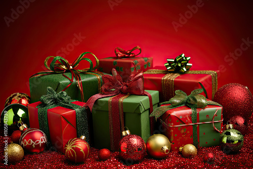 Festive holiday stock image featuring red and green presents with elegant ribbons, surrounded by Christmas ornaments on a vibrant red background. Perfect for conveying joyful holiday themes and season