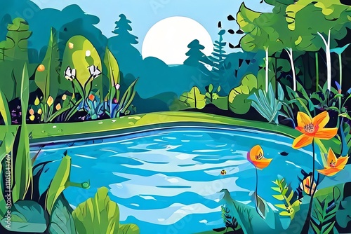 natural swimming pool with plant filtration system sticker d cut photo