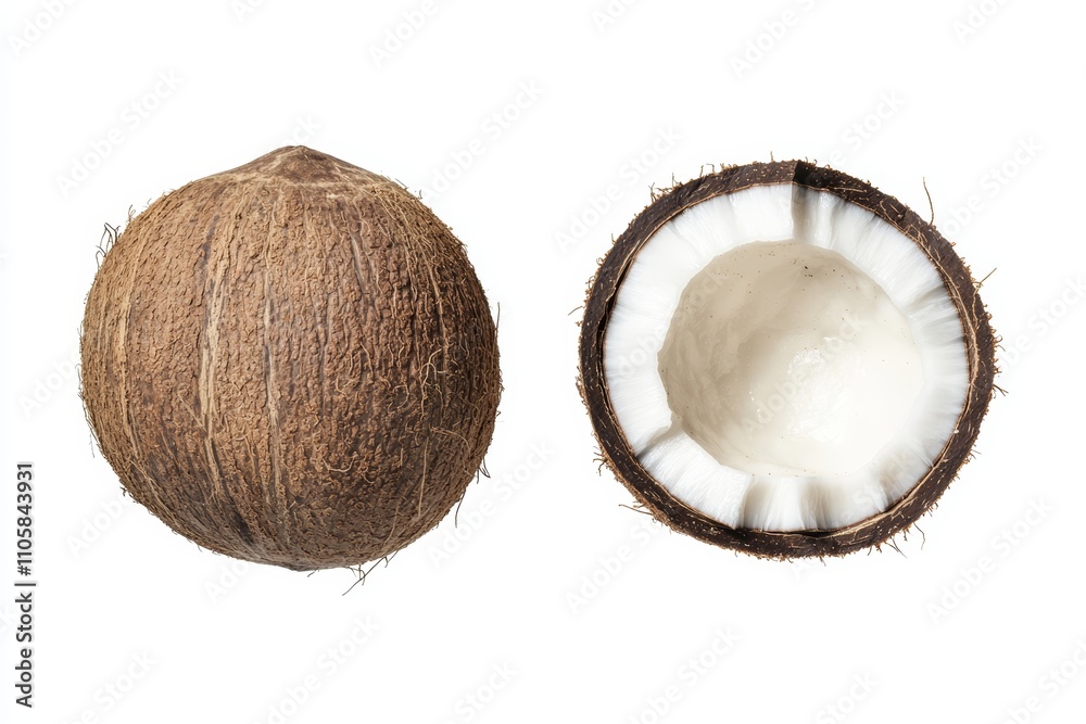Two coconuts, one whole and one cut in half Two coconuts, one whole and one cut in half