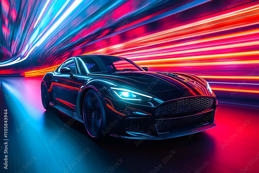Sleek black car speeding through a glowing neon tunnel, streaks of light trailing dynamically Sleek black car speeding through a glowing neon tunnel, streaks of light trailing dynamically