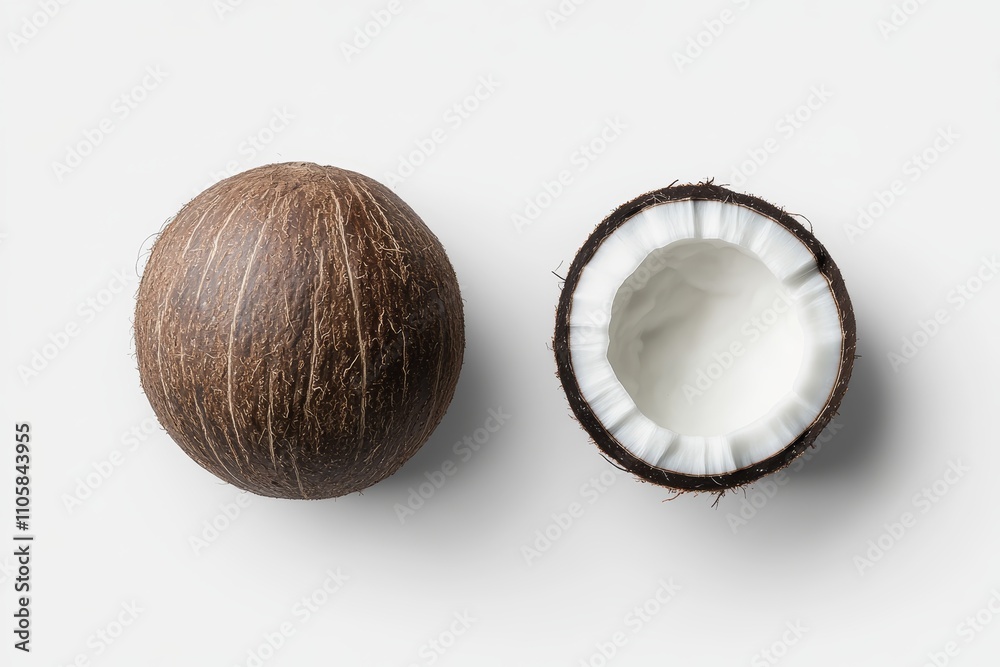 Two coconuts, one whole and one cut in half Two coconuts, one whole and one cut in half