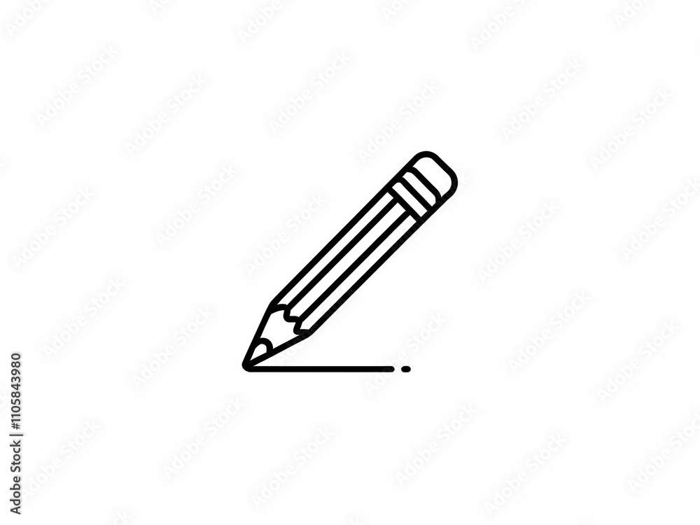 Simple black and white line drawing of a pencil with sharp tip and eraser Simple black and white line drawing of a pencil with sharp tip and eraser