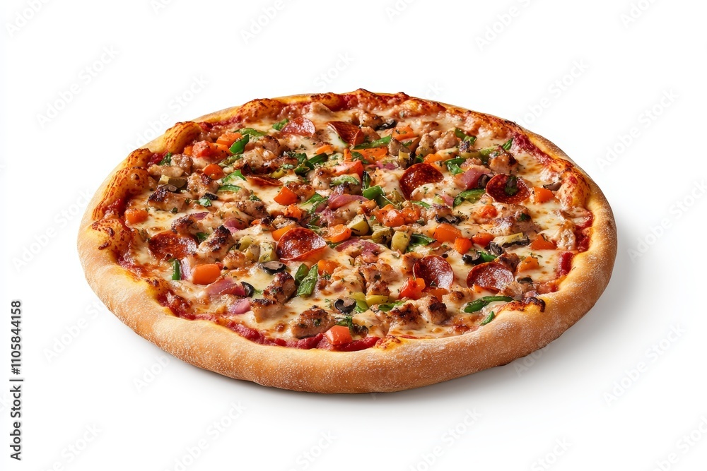 A pizza with a variety of toppings including pepperoni, mushrooms, and peppers A pizza with a variety of toppings including pepperoni, mushrooms, and peppers