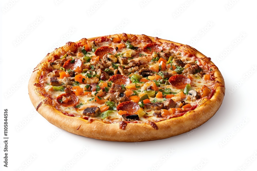 A pizza with pepperoni, mushrooms, and peppers A pizza with pepperoni, mushrooms, and peppers