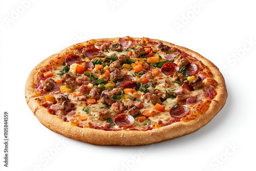 A pizza with pepperoni, sausage, and vegetables