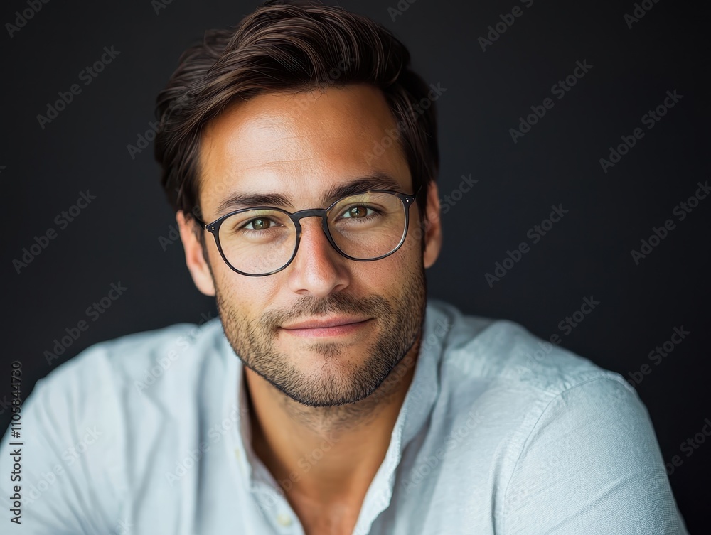 Portrait of a confident man in glasses, wearing a light blue shirt against a dark background, exuding a professional and approachable aura. Portrait of a confident man in glasses, wearing a light blue shirt against a dark background, exuding a professional and approachable aura.