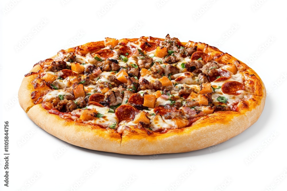 A large pepperoni pizza with sausage and cheese A large pepperoni pizza with sausage and cheese