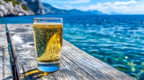 Icelandic Brenniv�n in Shot Glass, A traditional Icelandic spirit served in a simple glass, showcasing its distinct, dark herbal essence. photo