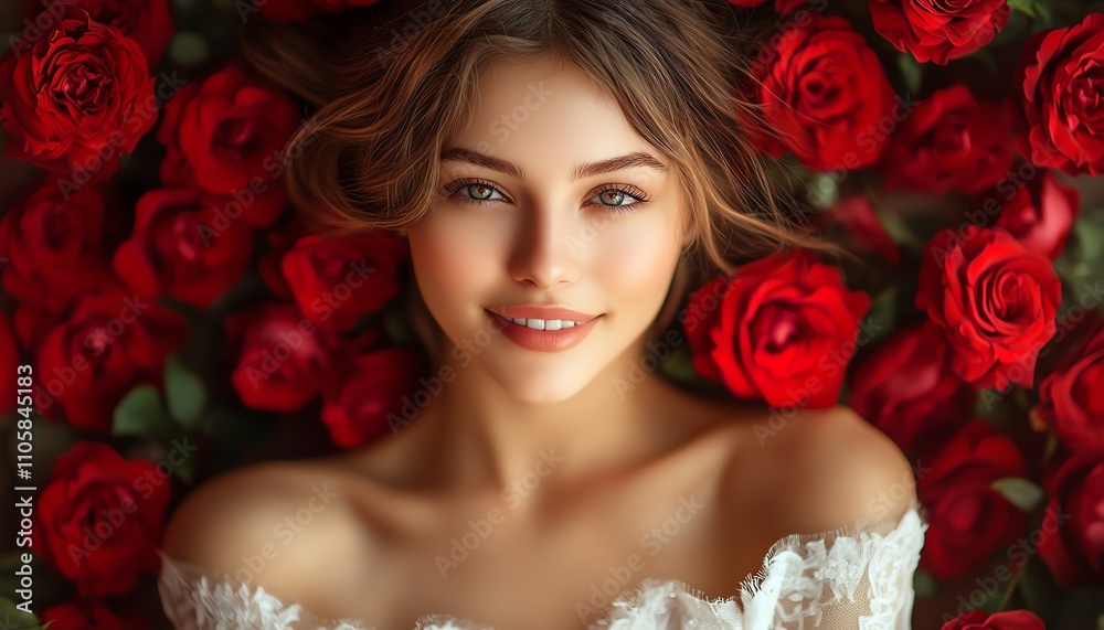 Smiling woman in a white dress adorned with red roses, soft lighting and natural charm Smiling woman in a white dress adorned with red roses, soft lighting and natural charm