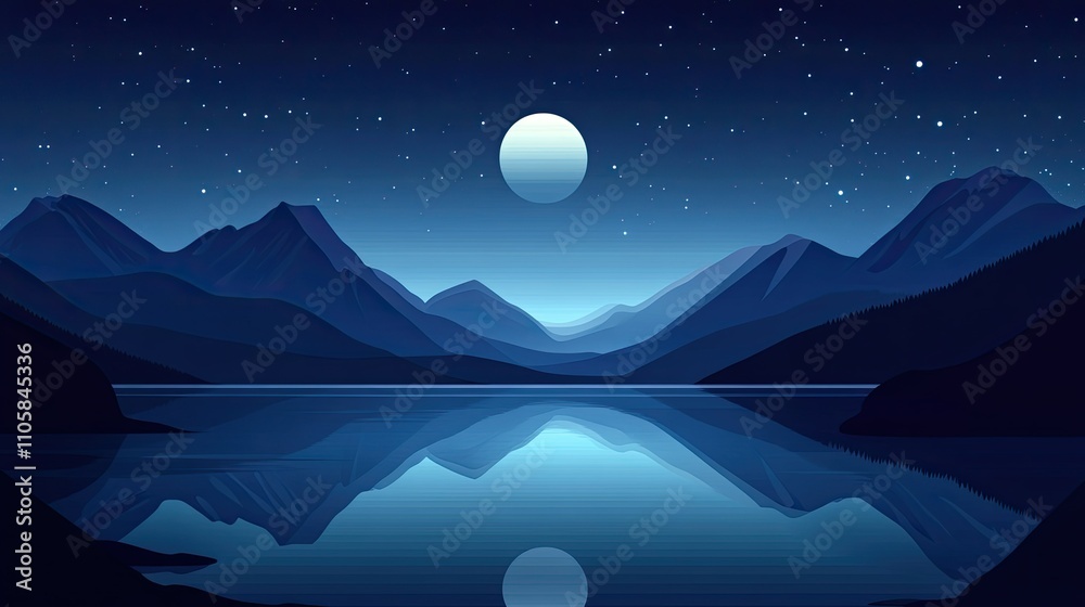 Obraz premium A tranquil night scene with a full moon reflecting on a calm lake, surrounded by dark, shadowy mountains under a starry sky