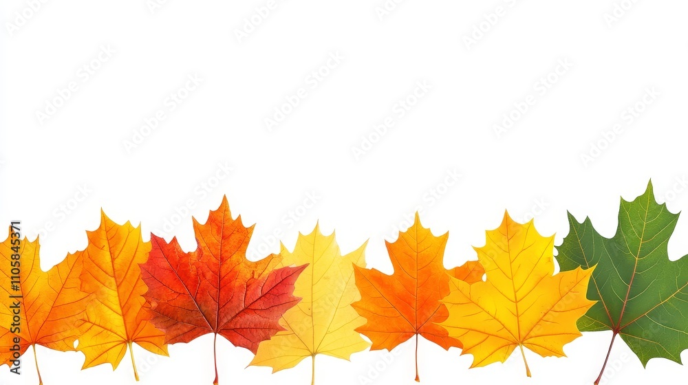 A colorful array of autumn leaves in various shades against a white background. A colorful array of autumn leaves in various shades against a white background.