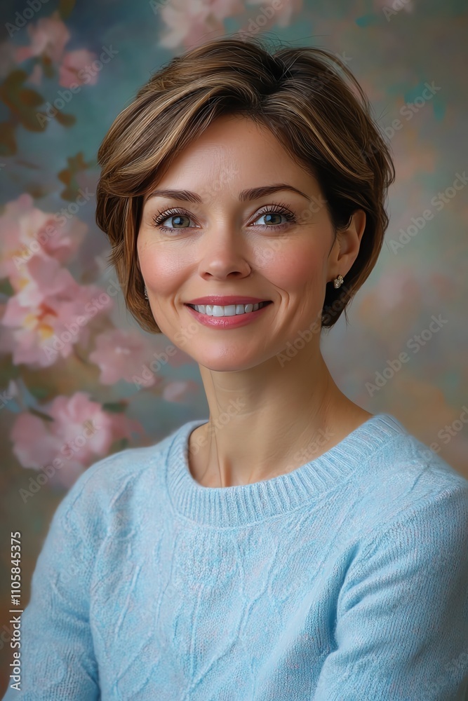 Smiling woman in light blue sweater, short hair, soft pastel background, casual portrait Smiling woman in light blue sweater, short hair, soft pastel background, casual portrait