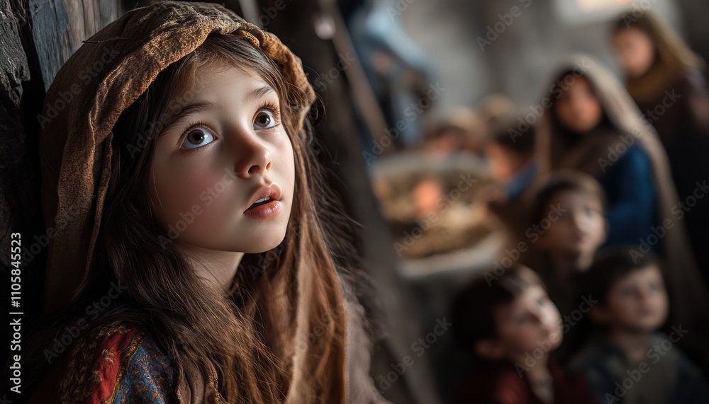 Child gazing upward in a rustic setting during storytelling Child gazing upward in a rustic setting during storytelling