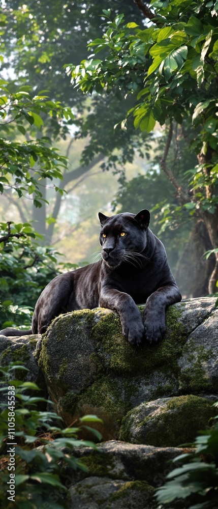 Obraz premium Close up of black panther resting on rocks in jungle habitat, feline, alert