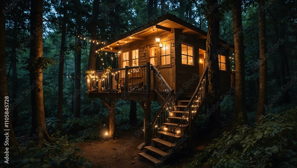 Cozy treehouse decorated with string lights in a lush forest. Cozy treehouse decorated with string lights in a lush forest.