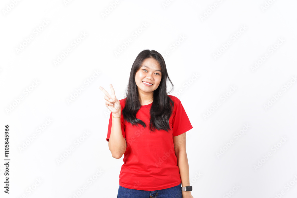 Showing Peace Sign or Victory sign Of Beautiful Asian Woman wearing red shirt Isolated On White Background Showing Peace Sign or Victory sign Of Beautiful Asian Woman wearing red shirt Isolated On White Background