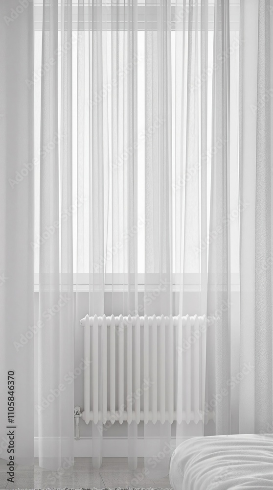 Close up of window with flowing sheer curtains and modern radiator, interior design, radiator, modern, home Close up of window with flowing sheer curtains and modern radiator, interior design, radiator, modern, home