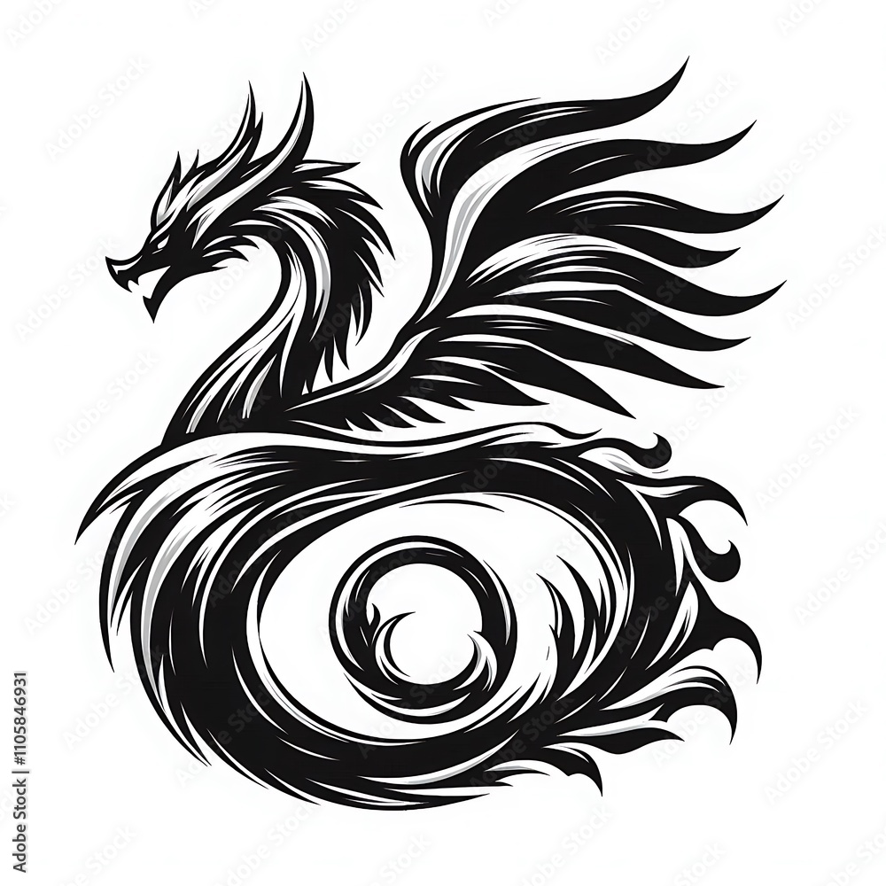 Stylized dragon design with swirling elements. Stylized dragon design with swirling elements.