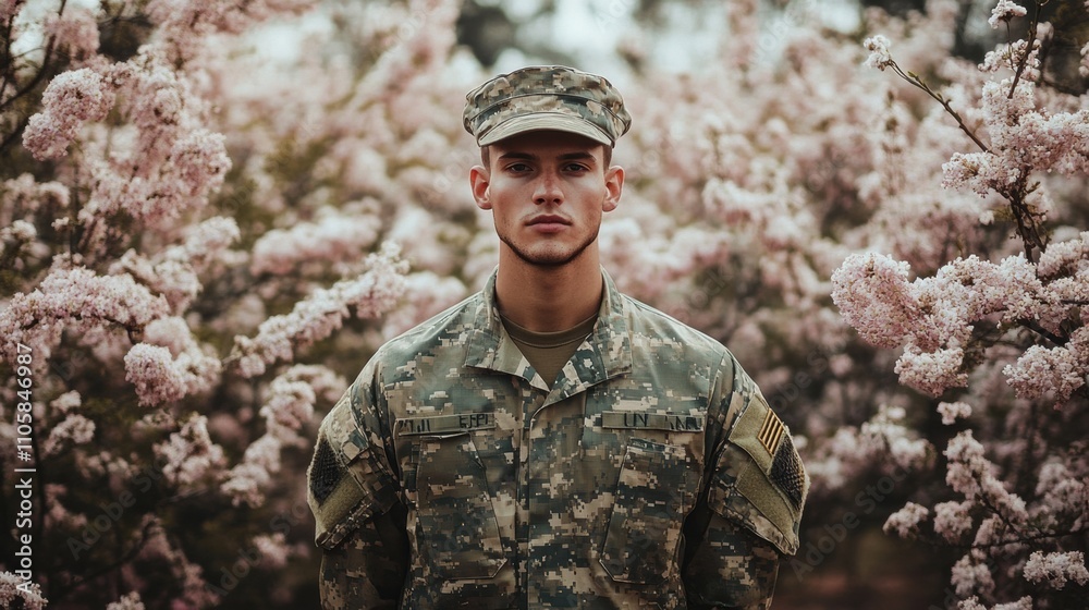 Young soldier stands proudly among blooming cherry trees Young soldier stands proudly among blooming cherry trees