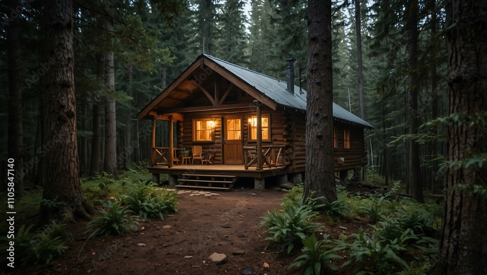 Cozy wooden cabin in a serene forest. Cozy wooden cabin in a serene forest.