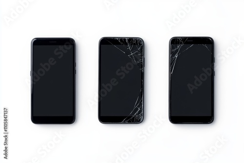 Three smartphones with cracked screens on white background