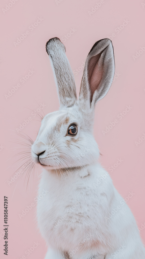 A whimsical close up of a white rabbit showcasing its large ears and gentle expression. The soft pink background enhances the rabbits adorable features. A whimsical close up of a white rabbit showcasing its large ears and gentle expression. The soft pink background enhances the rabbits adorable features.